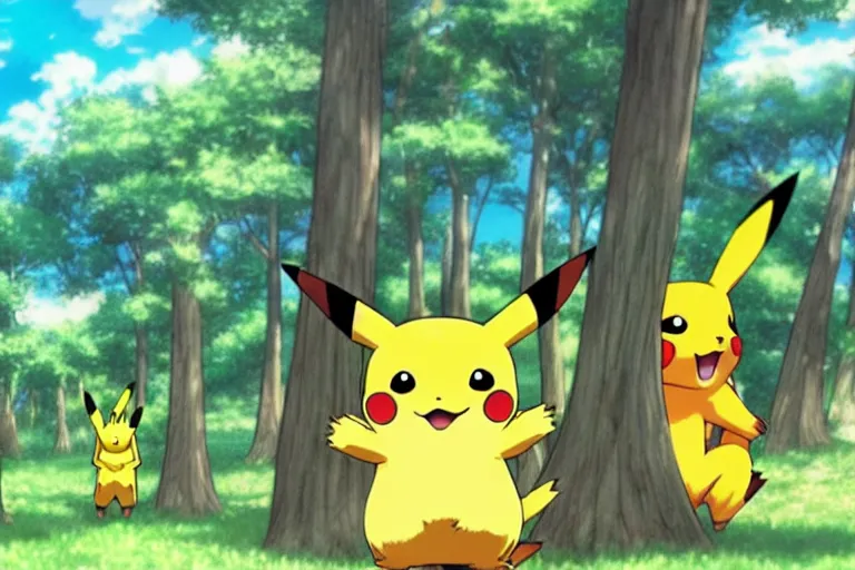 Image similar to an anime forest full of Pikachu