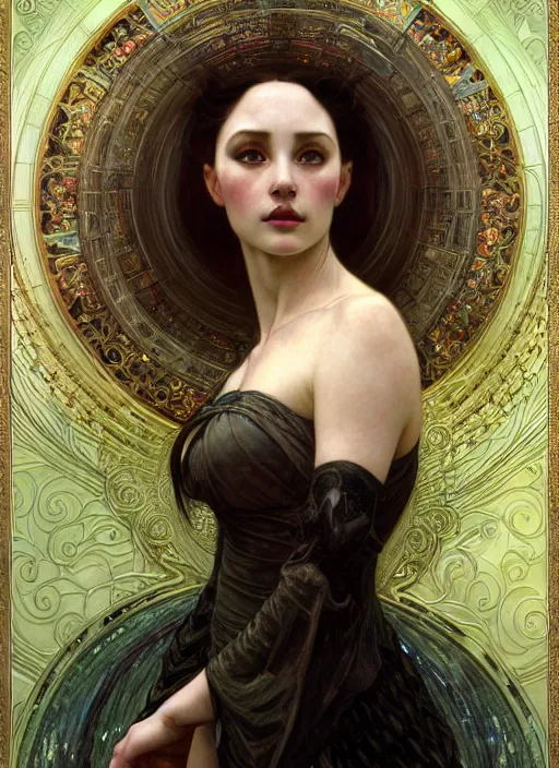 Image similar to hyper detailed masterpiece angellic girl elite by donato giancola and tom bagshaw, face by artgerm and edmund leighton, and alphonse mucha, trending on artstation, dreamlike, melancholy aesthetic, ornate, background by gustav klimt, 8 k, black gothic, majestic, volumetric lighting, porcelain skin, concept art, sharp focus