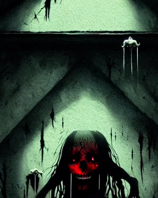 Image similar to it is natural to die as to be born, salems revenge, amityville, rendered in pov - ray, style of greg rutkowski and junji ito and sam francis