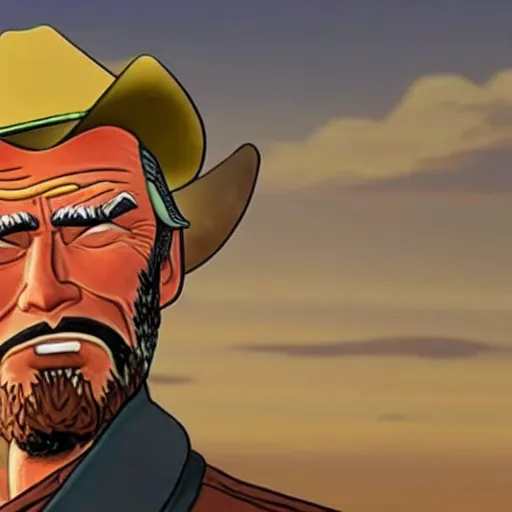 Image similar to a cowboy, with a trump hairstyle, in the style of red dead redemption, lucky luke, the good, the bad and the ugly, clint eastwood, steven seagal, bud spencer, donald trump, glory days, patriotism