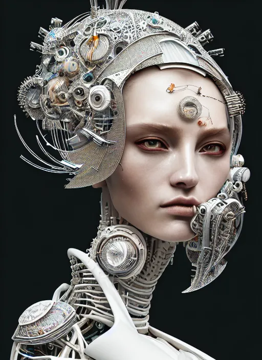 Image similar to portrait of an absurdly beautiful, graceful, sophisticated, fashionable cyberpunk mechanoid, hyperdetailed illustration by irakli nadar and vania zouravliov, matt wisniewski style, intricate linework, white porcelain skin, faberge, tropical fish headdress, unreal engine 5 highly rendered, global illumination, radiant light, detailed and intricate environment