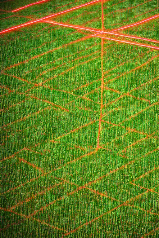 Image similar to Three giant red crosses made out of light beams in the center of a corn field