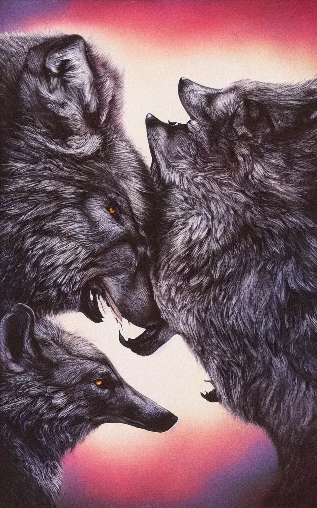 Image similar to two wolves kissing together, airbrush fantasy 80s paleoart, masterpiece album cover with black gradient on edges