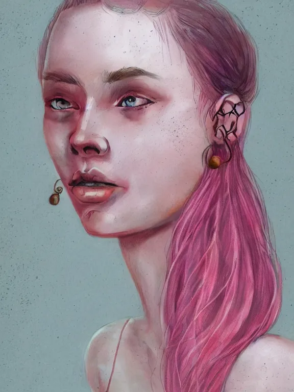 Image similar to beautiful russian girl with cute freckles and short faintly colored in pink hair and septum piercing, thin round earrings, winds of winter, au naturel, hyper detailed, digital art, trending in artstation, cinematic lighting, studio quality, smooth render, octane rendered, concept art, sharp focus, illustration, art by artgerm and greg rutkowski and wlop