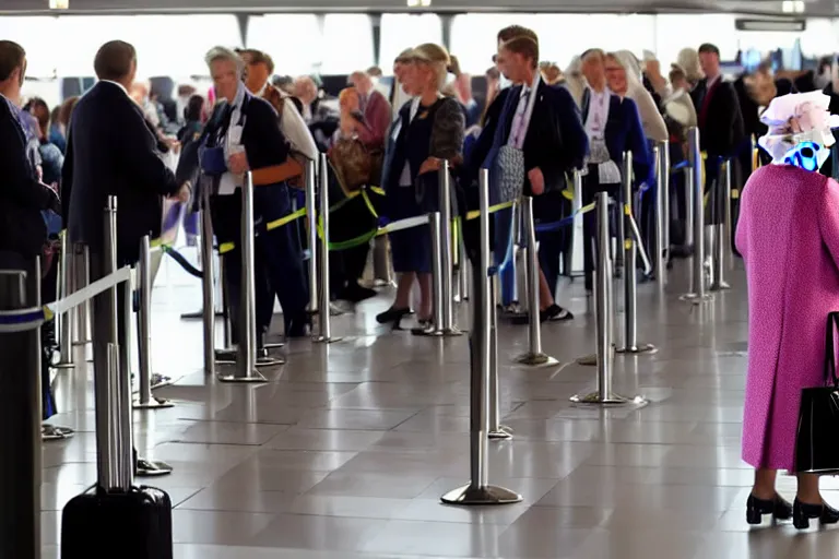 Prompt: the queen queue jumping the line at check in an airport