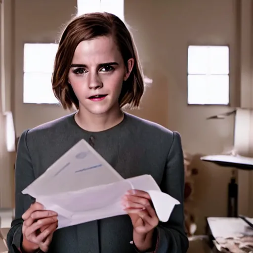 Image similar to Emma Watson opening mail that contains a pipe bomb,hyperrealistic, 8k UHD, studio photography, high quality, high detail, stunning lighting