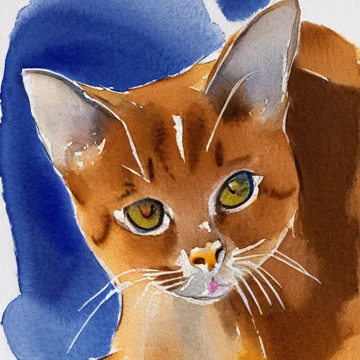 Prompt: simple watercolor painting of an entirely brown cat, light brush strokes,