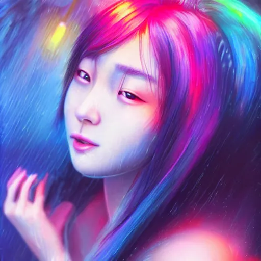 Image similar to a digital painting of hyoni kang in the rain with blue hair, cute - fine - face, pretty face, art by sim sa - jeong, cgsociety, synchromism, detailed painting, glowing neon, digital illustration, perfect face, extremely fine details, realistic shaded lighting, dynamic colorful background