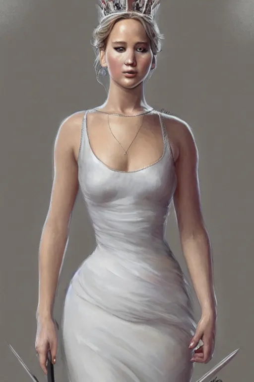 Prompt: Jennifer Lawrence as Queen wearing a White Dress, anatomy, only two hands, highly detailed, digital painting, artstation, concept art, smooth, sharp focus, illustration, Unreal Engine 5, 8K, art by art by artgerm and greg rutkowski and edgar maxence