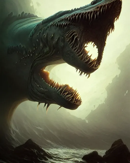 Prompt: anthropomorphic sea monster | | terrifying, realistic shaded, fine details, realistic shaded lighting poster by greg rutkowski, diego gisbert llorens, magali villeneuve, artgerm, jeremy lipkin and rob rey