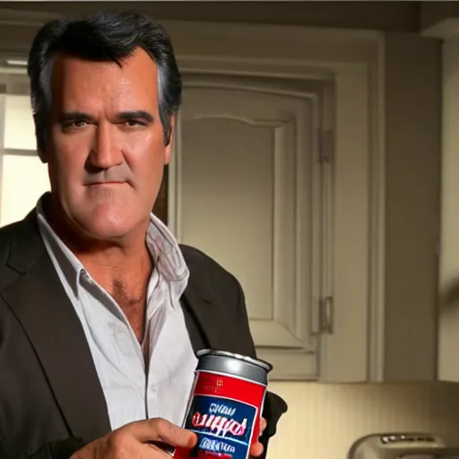 Prompt: Bruce Campbell holding can of campbell soup to the camera, 4k,