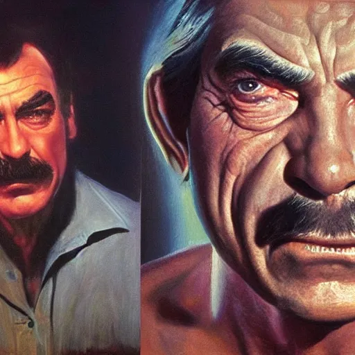 Image similar to ultra realistic portrait painting of tom selleck as gollum, art by frank frazetta, 4 k, ultra realistic, highly detailed, epic lighting