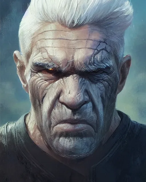 Prompt: old shaved man with white hair with a big scar on his blind left eye, very masculine, square jaw, hard edges, wrath, muscles, ethereal, science fiction, supervilain, fantasy art by greg rutkowski and magali villeneuve and claude monet