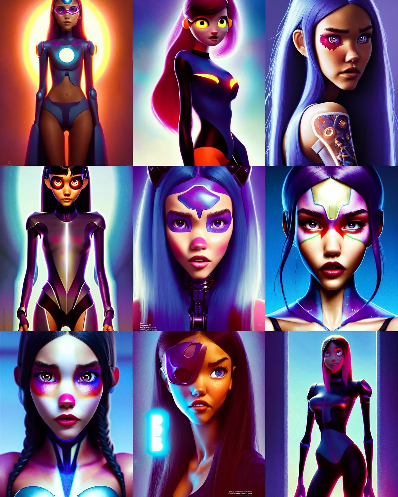 Prompt: pixar movie still portrait photo of madison beer, jessica alba : : as hero devil young woman cyborg by pixar : : by greg rutkowski, wlop, rossdraws, artgerm, weta, marvel, raver, elaborate patterned makeup, unreal engine, wet skin, pearlescent, wet, bright morning, anime, sci - fi, magazine cover, : :