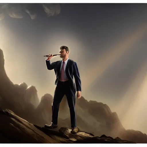 Prompt: business man smoking pipe on the front stoop mist smoke, rays of light, beautiful by marc adamus and j. c. leyendecker, 8 k illustration, action scene, low angle, dramatic milky clouds front - view