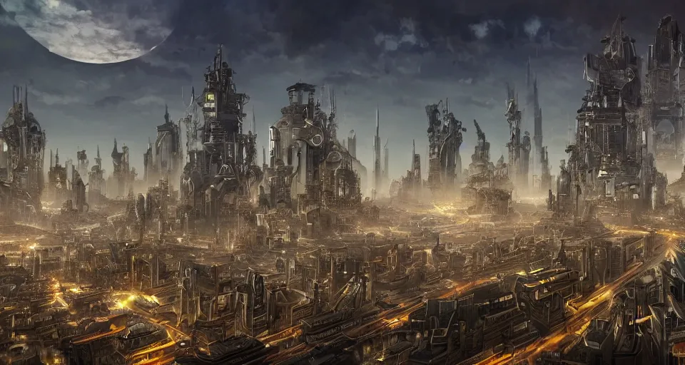 Image similar to view on futuristic city in the horizon, in style of steampunk, detailed, sharp, 4 k