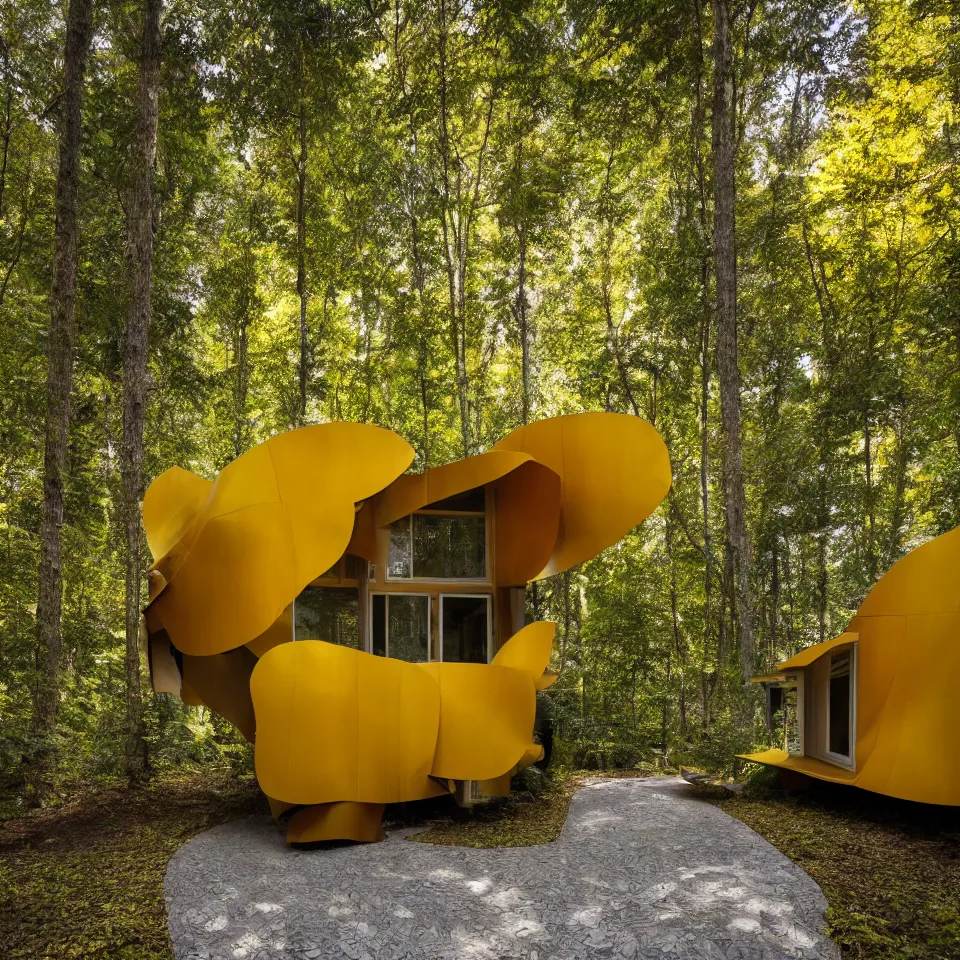 Image similar to a tiny house in a light forest clearing, designed by Frank Gehry. Tiles. Gravel pathway. Film grain, cinematic, yellow hue