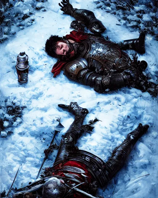 Image similar to Highly realistic oil painting of a wounded knight lying in the snow, surrounded by blue flowers, blood on flowers, by greg rutkowski, highly detailed, cinematic lighting, moody, dark