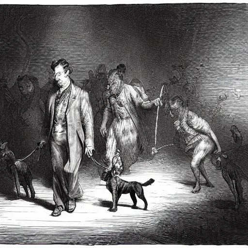 Prompt: a gentleman leading wild dogs on a leash, creepy, chiaroscuro, dark night, illustration by Gustave Doré,