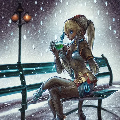 Image similar to Depressed Crystal Maiden sitting on a park bench drinking alcohol, rainy night, highly detailed photograph