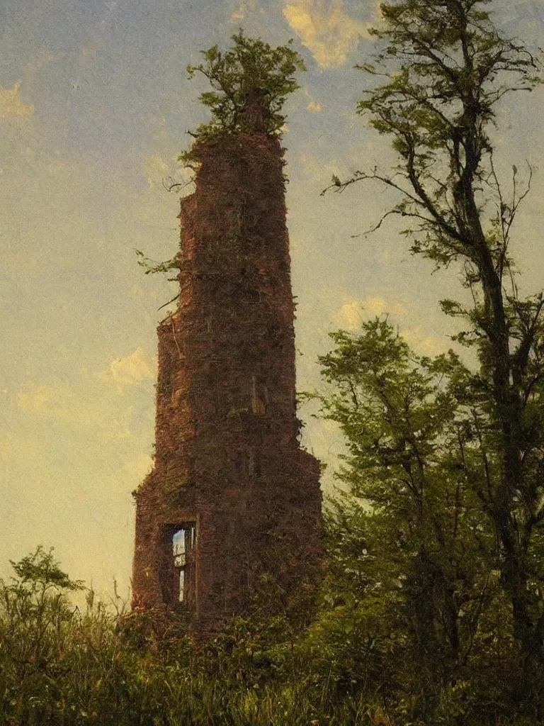 Prompt: The abandoned wizard\'s tower in the overgrown garden. Unknown Hudson River School Artist.