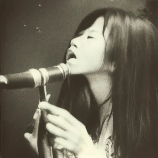 Prompt: a polaroid photograph taken by nobuyoshi araki of a beautiful woman with long hair singing passionately in a karaoke bar in tokyo 1 9 7 8