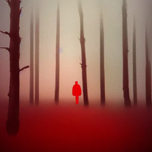 Prompt: a lonely man standing on a deserted planet, forestry, dreary, head down, smokey, mist, blur, red lighting, acrylic art,