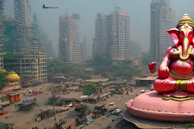 Image similar to beautiful futuristic new delhi, sharp sci - fi ganesha!! building, kalighat flowers, highly detailed cinematic, stephen shore & john j. park, soft morning light, wide shot, ground angle, uhd 8 k, sharp focus