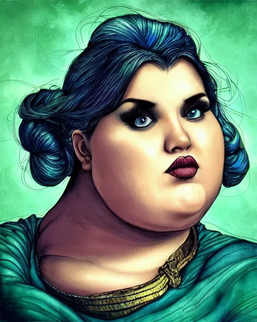 Prompt: waist - up portrait of a gorgeous woman, obese, muscular. mixed media, fantasy aesthetic. beautiful face!!! in the style of android jones, the dark crystal, heade, ralph bakshi.