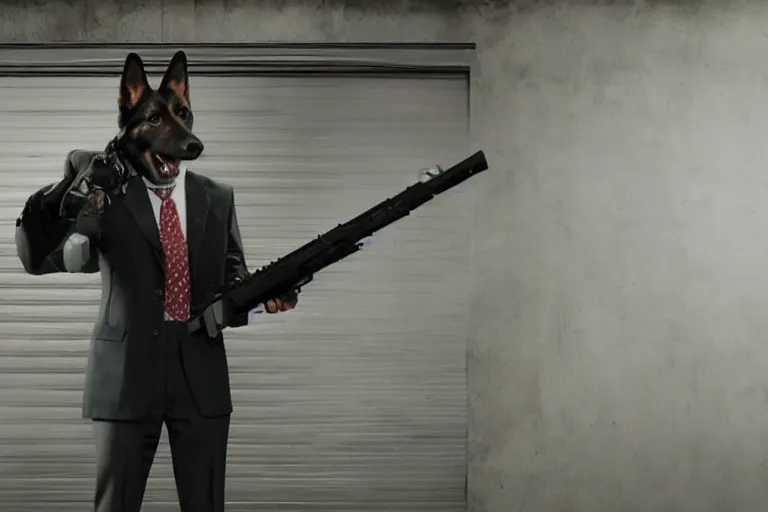 Image similar to film still of furry anthro anthropomorphic german shepard head animal person fursona wearing clothes a suit and tie standing holding a gun in a garage in an action movie 2020, 4k