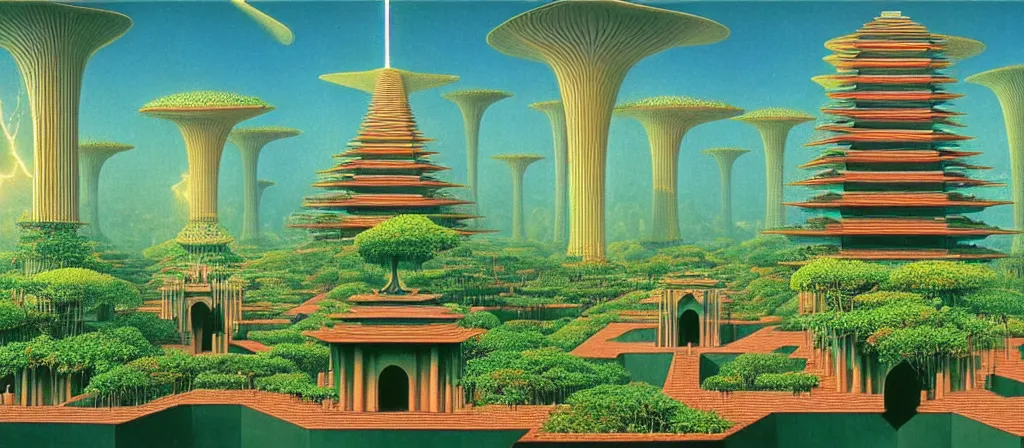 Image similar to huge gargantuan angular dimension of pagoda liminal spaces, temples by escher and ricardo bofill. utopian singaporean landscape by roger dean. magical realism, surrealism, lush sakura trees, waterfalls, thunder, lightning, vaporwave, trending on artstation, shot from below, epic scale