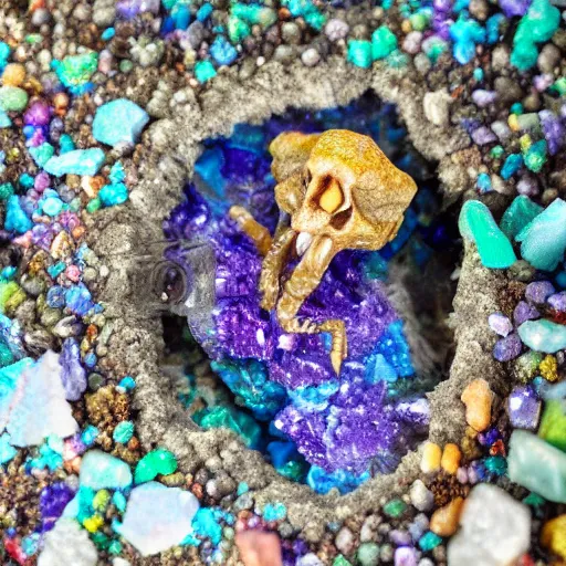 Prompt: photorealistic tiny dinosaur skeleton inside a geode of colored crystals