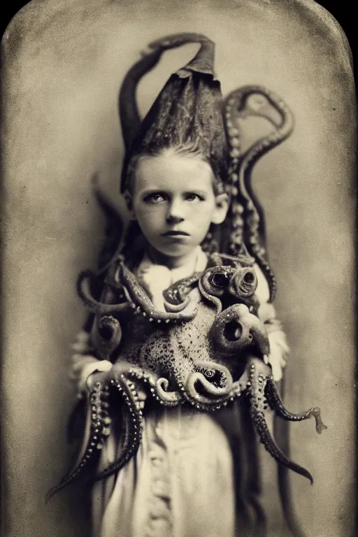 Prompt: wet plate photograph portrait of victorian octopus child with an octopus head, dressed in a victorian - era clothing, head is an octopus, dramatic lighting, highly detailed, smooth, sharp focus