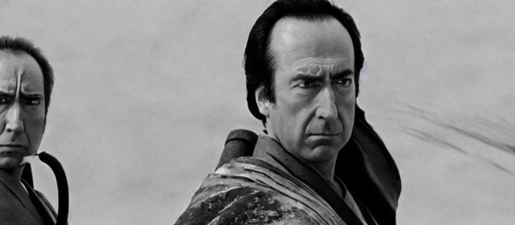 Image similar to A still of Saul Goodman as a samurai in an Akira Kurosawa film, black and white, epic