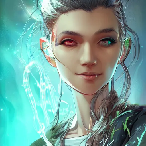 Prompt: biopunk geneticist, heroine, beautiful, playful smile, detailed portrait, intricate complexity, in the style of Artgerm, Kazuki Tanahashi, and Ross Tran, cel-shaded