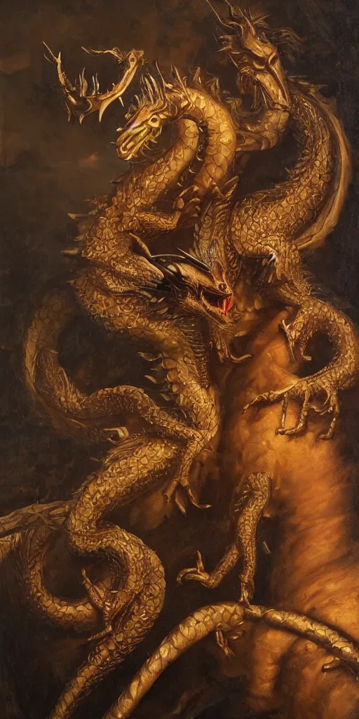 Image similar to Highly detailed and cinematic Renaissance period portrait oil painting of an English dragon, an oil painting ((masterpiece)) by ((Josep Tapiró Baró)), dynamic lighting, 8K