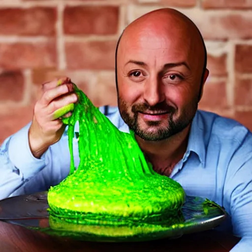 Prompt: joe bastianich eating green slime