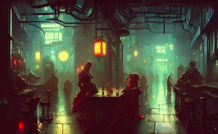 Image similar to a cyberpunk tavern with rainy and moody cinematic lighting by darek zabrocki and greg ruthkowski, alphonse mucha, simon stalenhag and cinematic and blue cold atmospheric, concept art, artstation, trending on artstation