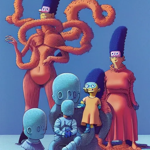 Prompt: marge simpson and her new family from naruto drawn by zdislaw beksinski, hajime sorayama and moebius hyperrealistic