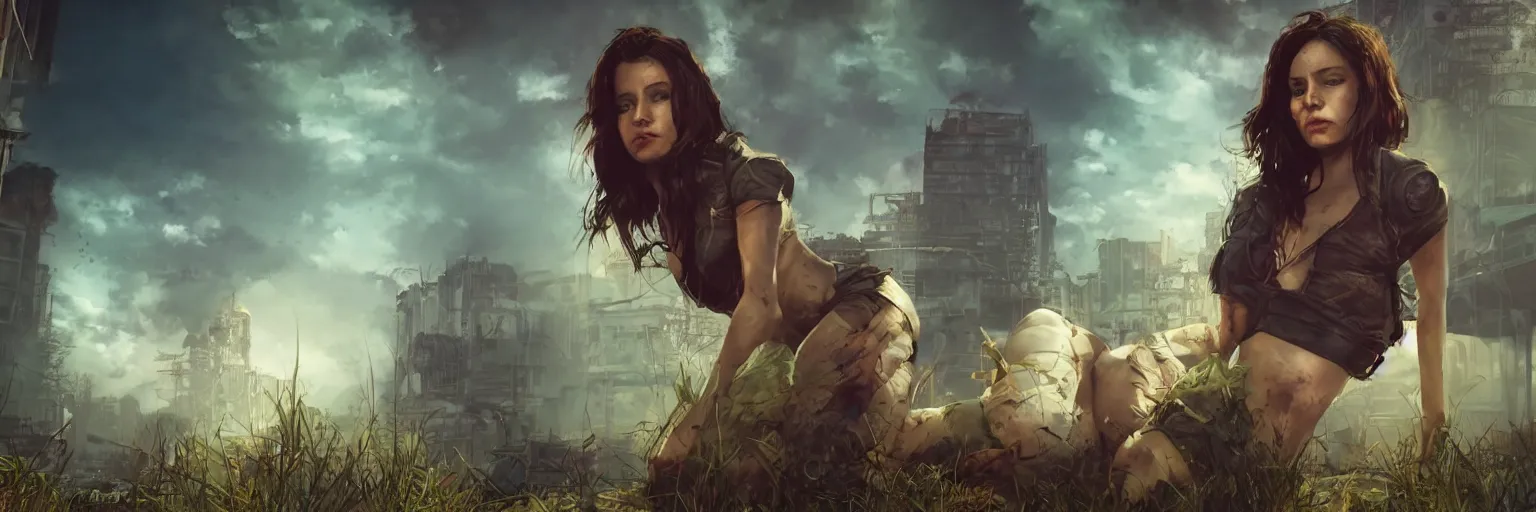 Image similar to fallout 5 : miami, charismatic beautiful rugged brunette female protagonist and companion, portrait, outdoors ruined tropical cityscape, atmospheric lighting, painted, intricate, volumetric lighting, beautiful, summer, sunny weather, few clouds, sharp focus, deep colours, ultra detailed, by leesha hannigan, ross tran, thierry doizon, kai carpenter, ignacio fernandez rios