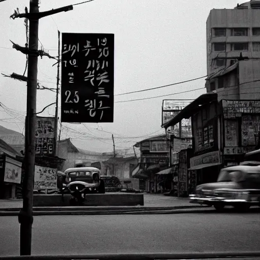 Image similar to 1950s Korean thriller film noir, a view of Shin Sang-ok in the middle of an empty scene, 35mm film, Cooke Varotal 20-100 T3.1