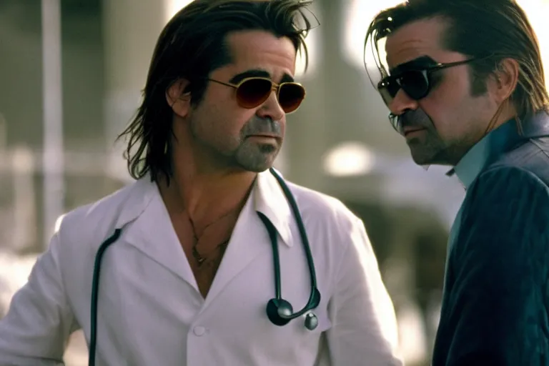 Prompt: cinematic still of colin farrell as raoul duke and javier bardem as dr gonzo in