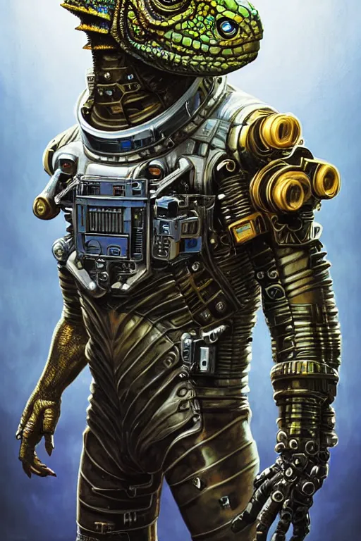 Image similar to a portrait of a muscular anthropomorphic cyberpunk basilisk lizard with big head in spacesuit armor with ensignia on chest plate by sandra chevrier, by jon foster, detailed render, pistol in holster, tape deck, epic composition, cybernetics, 4 k realistic, cryengine, realistic shaded lighting, sharp focus, masterpiece, by enki bilal