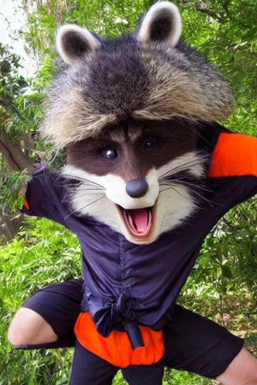 Image similar to a racoon dressed up as goku, realistic.