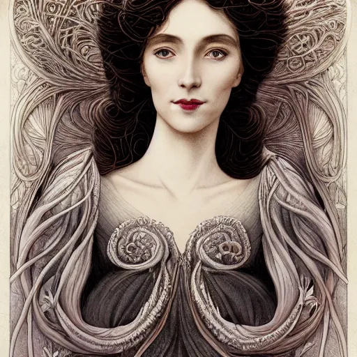 Image similar to facial portrait of a young pretty woman in flowing dress, arrogant, mysterious, long fine flowing hair, delicate, looking at camera, slightly awkward smile, realistic face, hands behind back, intricate, stylish, elegant, grimdark fantasy, flowers, art nouveau, extremely detailed painting inspired by Gerald Brom and Ernst Haeckel and Greg Rutkowski