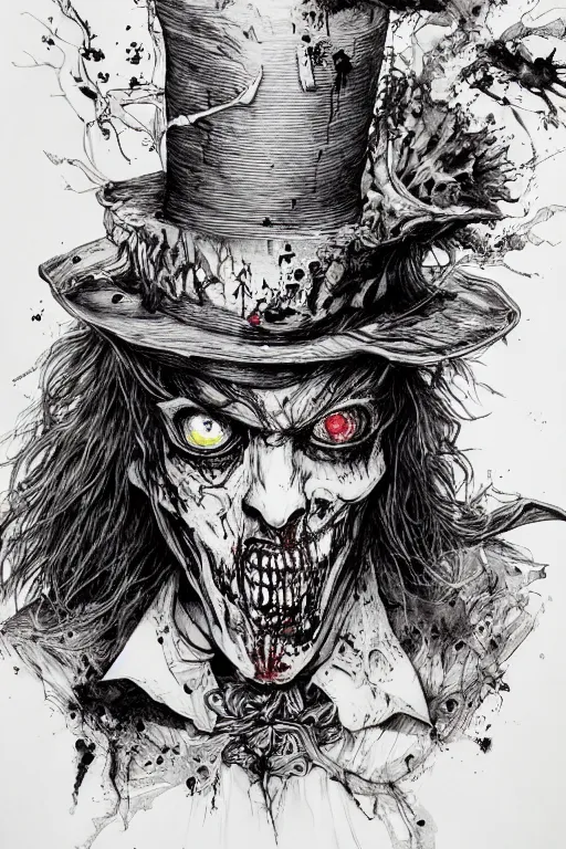 Prompt: Zombie mad hatter , pen and ink, intricate line drawings, by Yoshitaka Amano, Ruan Jia, Kentaro Miura, Artgerm, watercolor