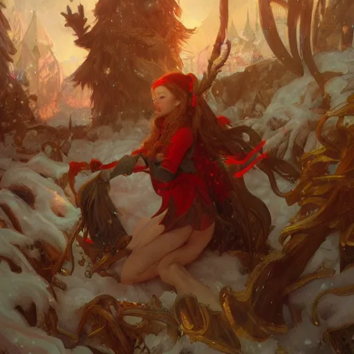 Image similar to Elves fleeing in terror from Krampus, Christmas, fantasy, detailed, digital painting, artstation, pixiv, Krenz Cushart, WLOP, Artgerm, Alphonse Mucha