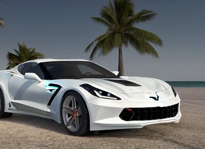 Image similar to hyperrealism, detailed textures, photorealistic 3 d render, a dreamy beach in cuba, a photorealistic 2 0 3 9 corvette stingray concept care with a blazing pearl white colour scheme, sharp focus, ultra realistic, ultra high pixel detail, cinematic, intricate, cinematic light, concept art, illustration, art station, unreal engine 8 k