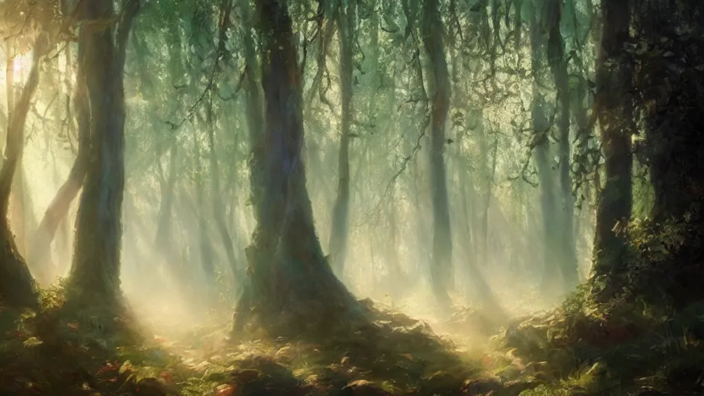 Image similar to The most beautiful painting in the world; an oil painting of a hauntingly beautiful elven forest in the morning; rays of light coming through the canopy; trending on artstation; extraordinary masterpiece!!!!!!; 8k