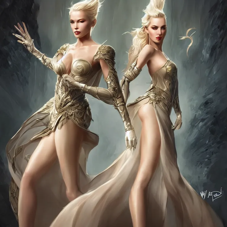 Image similar to beautiful cinematic fantasy poster, character concept of a beautiful fashion model wearing haute couture in dynamic pose, wideshot ultrawide angle epic scale, hybrid, by artgerm; wayne reynolds art station; cinematic quality character render; low angle; ultra high quality model; production quality cinema model;